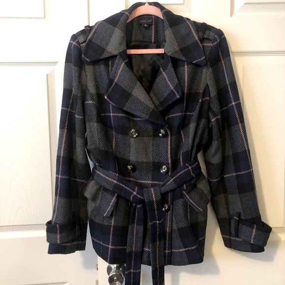 Torrid navy gray blue pink plaid coat size 1 - Picture 1 of 10